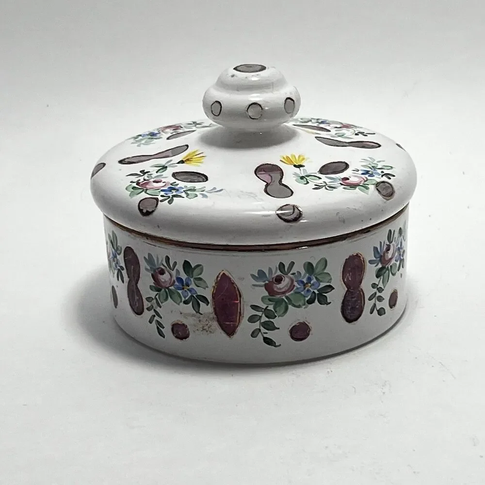 VTG Bohemian Czech Cased Milk Glass Hand Painted Trinket / Powder Jar Floral